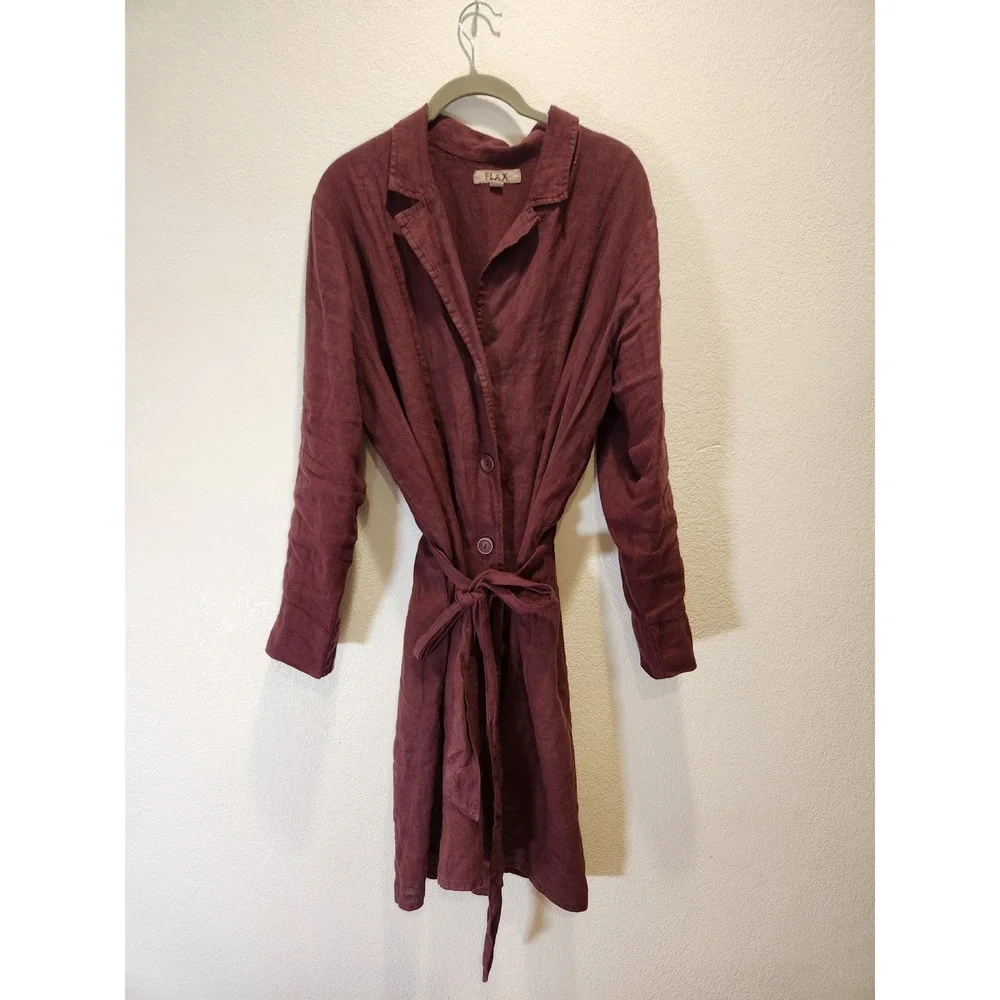 FLAX Jeanne Engelhart Linen Shirt Dress S Burgundy Belted Lagenlook Long Sleeve